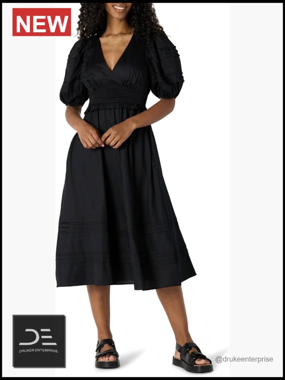 Regular-Fit Cotton Sateen Puff Sleeve Midi Dress, V-Neck